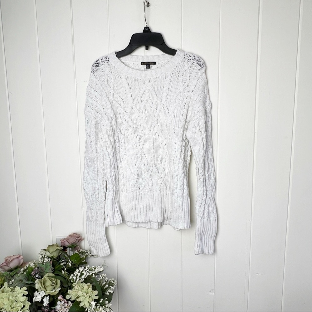 BROOKS BROTHERS Cotton Sweater Cable Knit Ribbed Hem Pullover White